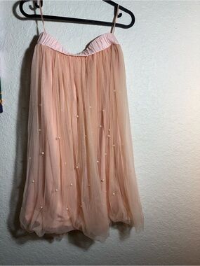 Francesca's Collections Blush Pink Tulle Midi Skirt with Pearl Detail